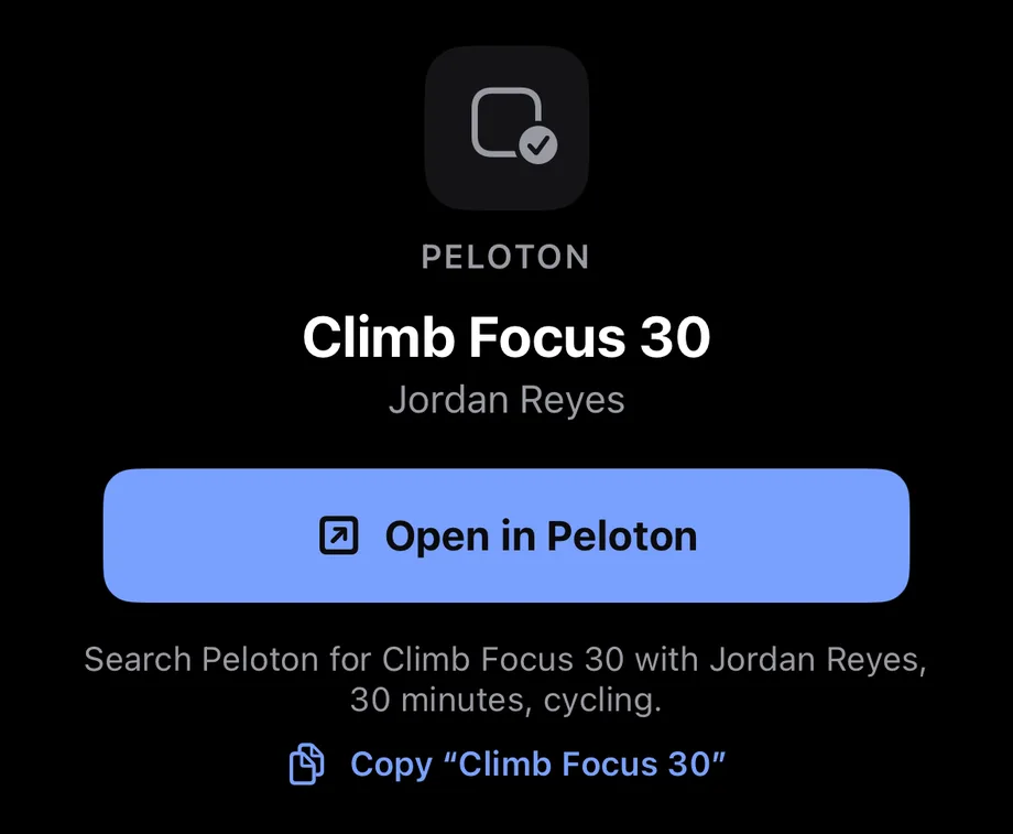 Parameter on iPhone showing a Peloton class called Climb Focus 30 with instructor Jordan Reyes, an Open in Peloton button, and a fallback line telling you what to search for if the link does not open.