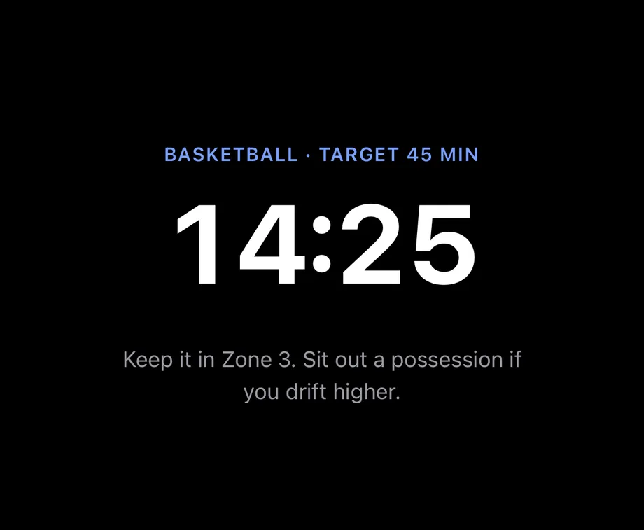 Open sport session running on iPhone, labelled basketball with a 45 minute target, 14:25 elapsed, and guidance to keep it in zone 3.