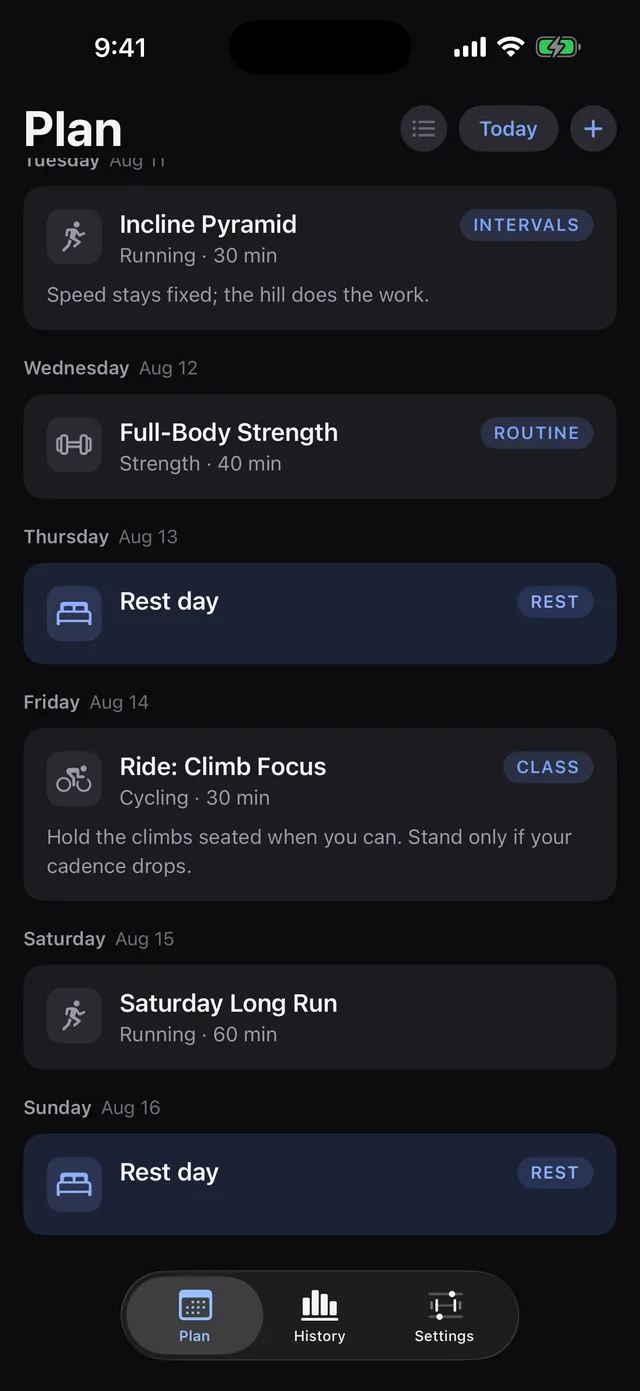 Parameter timeline view showing six consecutive days from Tuesday August 11 to Sunday August 16: an interval run, a strength routine, a cycling class, a long run, and two rest days, each a card of its own.