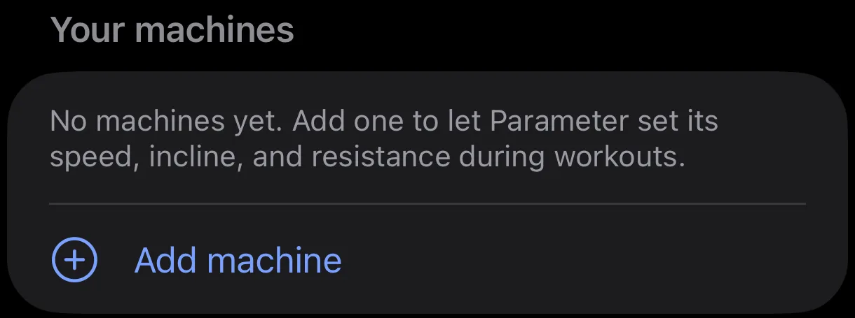 The Your machines section of Parameter's Machine control screen, reading No machines yet, with an Add machine button below it.