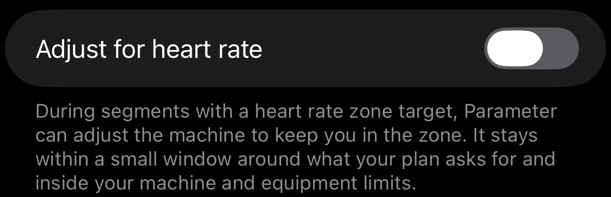 The Adjust for heart rate toggle in Parameter's Machine control screen, switched off, above text explaining that during segments with a heart rate zone target Parameter can adjust the machine to keep you in the zone.
