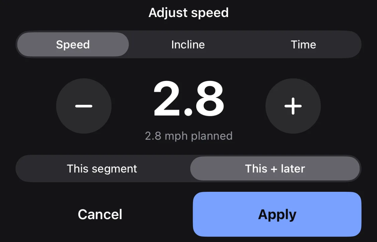 Parameter's Adjust sheet, set to Speed, showing a value of 2.8 between minus and plus buttons with 2.8 mph planned underneath, a choice between This segment and This + later, and Cancel and Apply buttons.