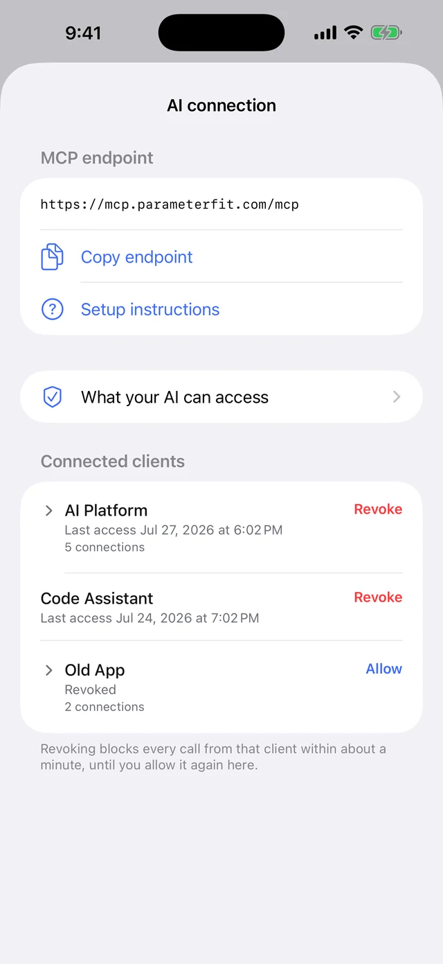 The AI connection screen in Parameter's settings, showing the MCP endpoint with buttons to copy it and to open setup instructions, a row explaining what your AI can access, and three connected clients with a Revoke control beside each.