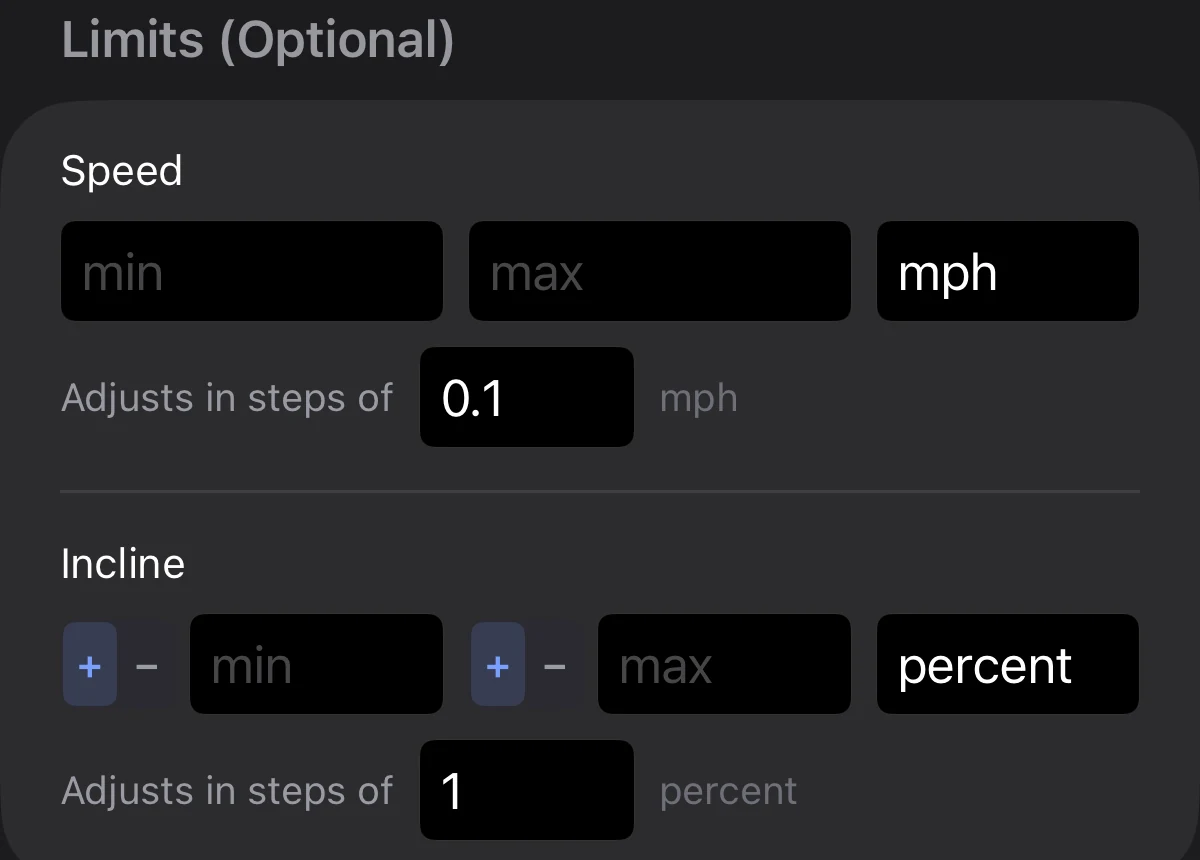 The Limits (Optional) section of a Treadmill entry in Parameter, showing a Speed row with minimum and maximum fields, a unit of mph, and Adjusts in steps of 0.1, and below it an Incline row with plus and minus sign controls before each field, a unit of percent, and Adjusts in steps of 1.