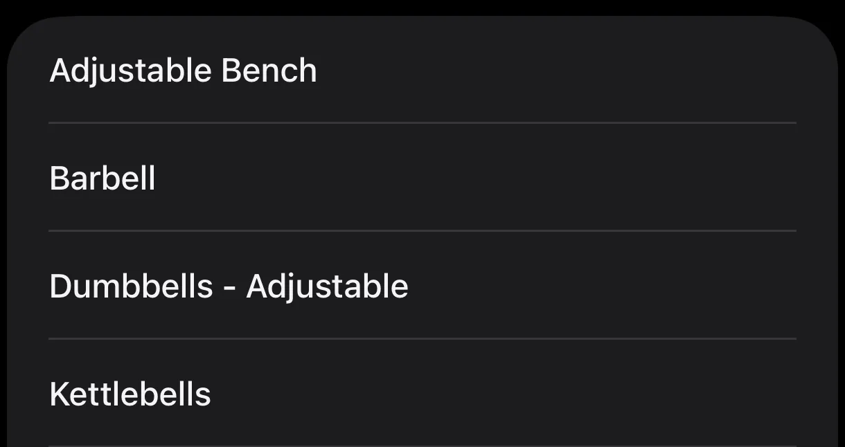 Parameter's Equipment list, one row per saved type: Adjustable Bench, Barbell, Dumbbells - Adjustable, Kettlebells, and Power Rack / Squat Rack.