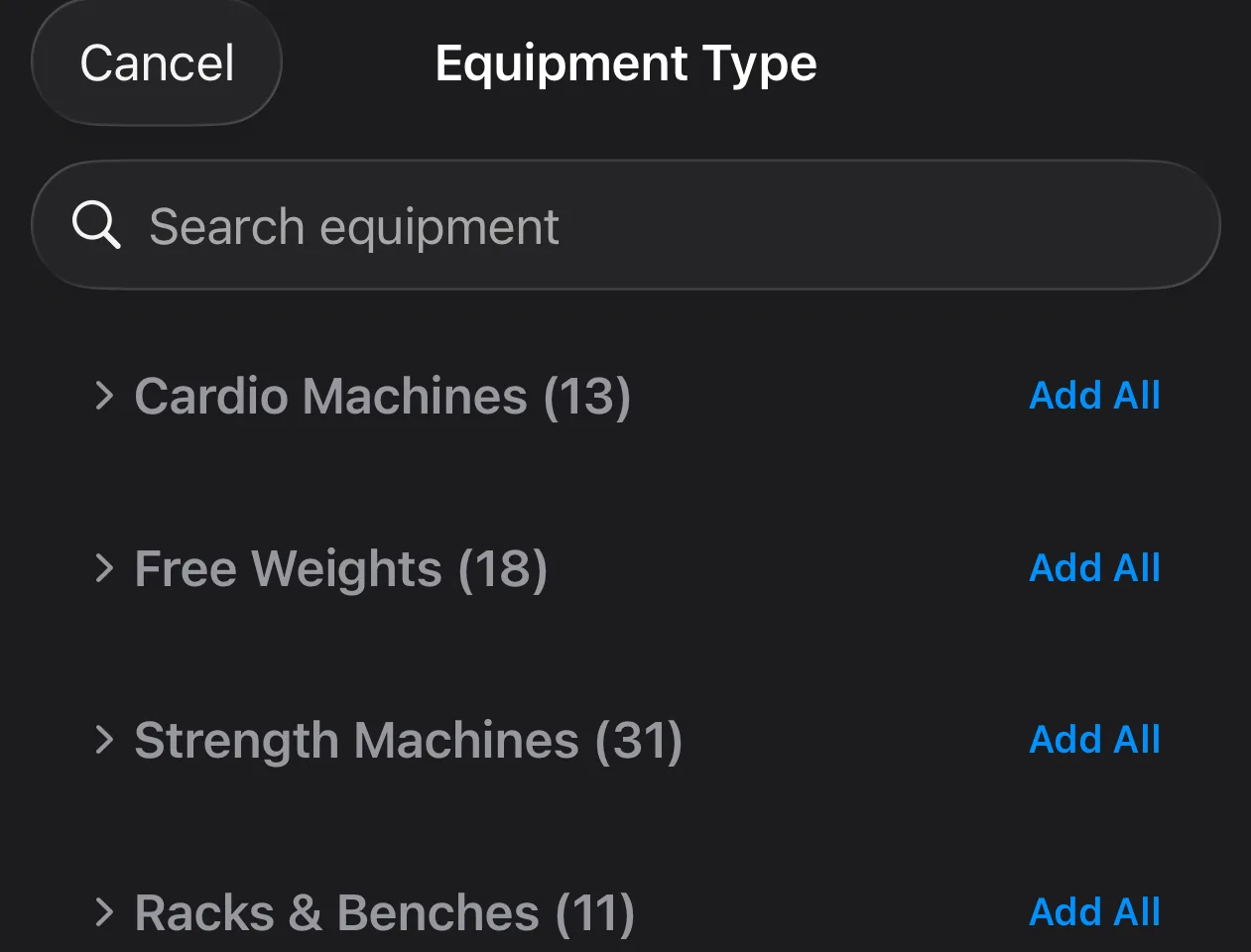 Parameter's Equipment Type sheet, with a Search equipment field above collapsible categories including Cardio Machines with 13 types, Free Weights with 18 and Strength Machines with 31, each with an Add All control.