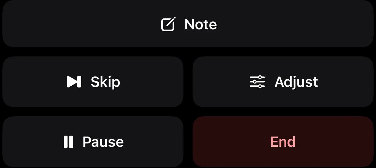 The control row at the bottom of Parameter's execution screen, with Note across the top and Skip, Adjust, Pause, and End beneath it.
