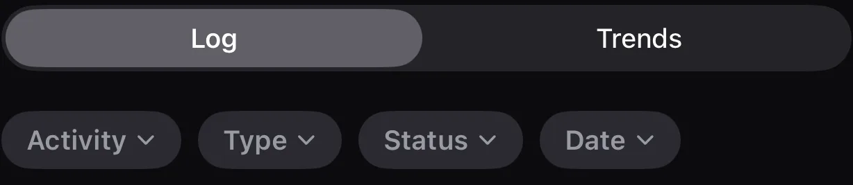 The top of Parameter's History tab, with a Log and Trends selector set to Log, and four filter chips below it reading Activity, Type, Status and Date.