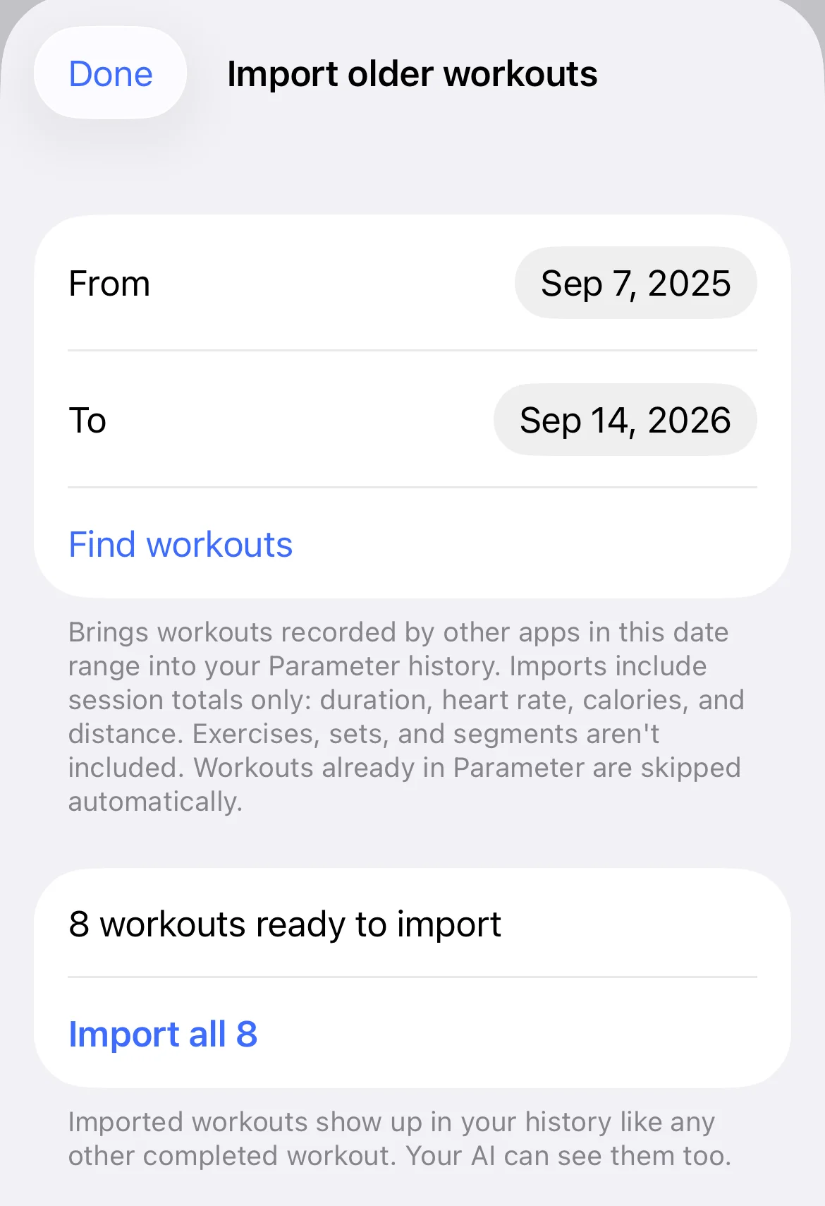 The Import older workouts screen after a search, reading 8 workouts ready to import with an Import all 8 button.
