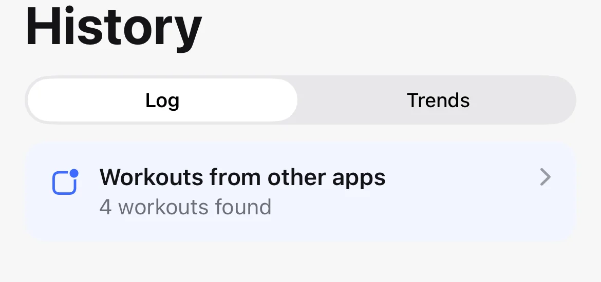 Parameter's History tab with a card at the top reading Workouts from other apps, 4 workouts found.