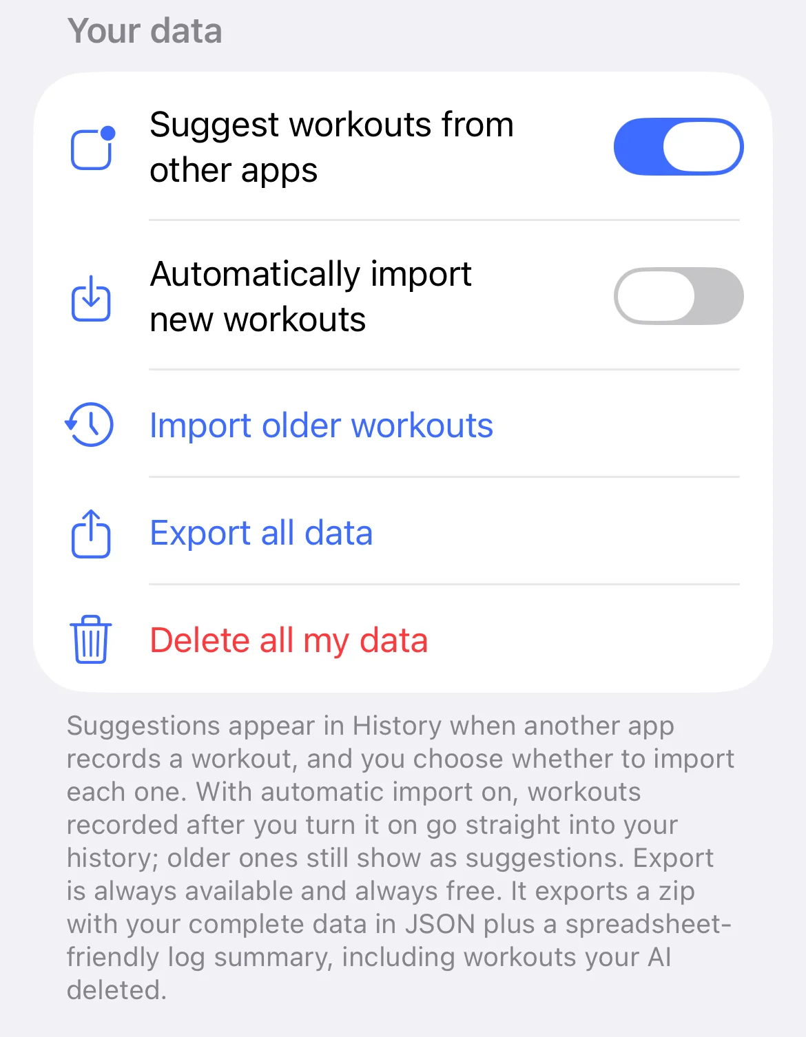 Parameter's Settings screen, Your data section, with toggles for Suggest workouts from other apps and Automatically import new workouts, plus rows for Import older workouts, Export all data, and Delete all my data.