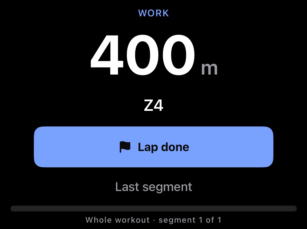 Parameter's execution screen on a distance segment, showing the phase WORK above 400 m, a Z4 heart-rate zone target, a Lap done button, and a progress bar captioned Whole workout, segment 1 of 1.
