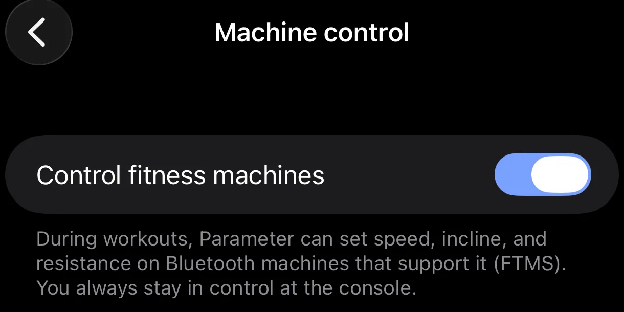Parameter's Machine control screen, with the Control fitness machines toggle switched on above text explaining that Parameter can set speed, incline, and resistance on Bluetooth machines that support FTMS.