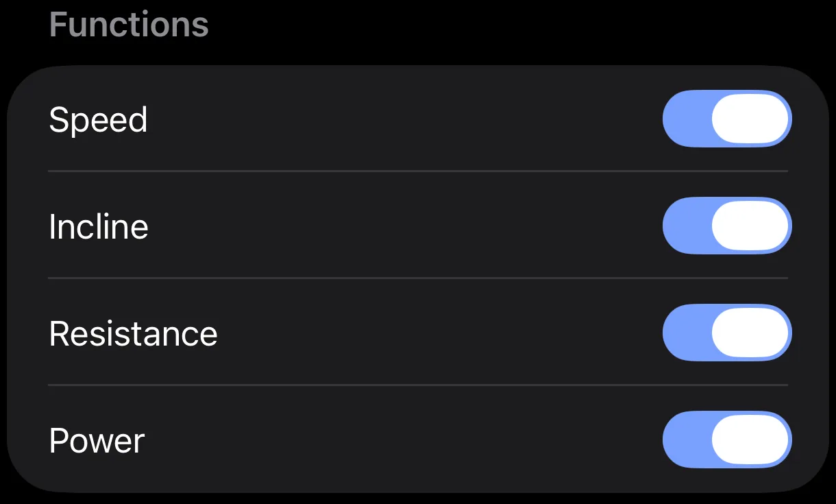 The Functions section of Parameter's Machine control screen, with separate toggles for Speed, Incline, Resistance, and Power, all switched on.
