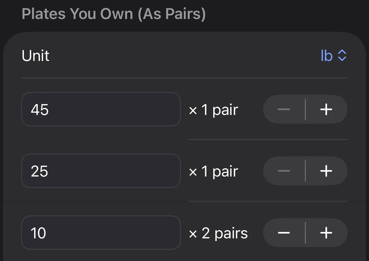The Plates You Own (As Pairs) section of a Weight Plates entry in Parameter, with a unit picker set to lb and rows for 45, 25, and 10 pound plates, each showing a pair count and a stepper.