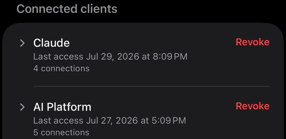 The Connected clients list on Parameter's AI connection screen, with two clients each showing a last-access time, a connection count, and a red Revoke control.