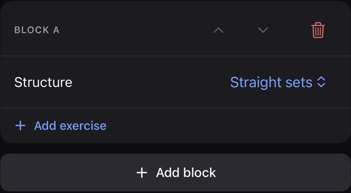 Block A in Parameter's routine builder, with controls to reorder or delete the block, a Structure row set to Straight sets, an Add exercise button, and an Add block button below the card.