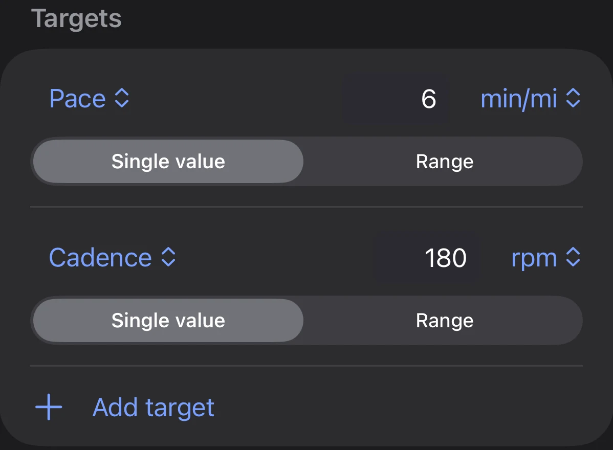The Targets section of a segment in Parameter's interval builder, with a Pace target of 6 min/mi and a Cadence target of 180 rpm, each with a Single value and Range selector, and an Add target button below.