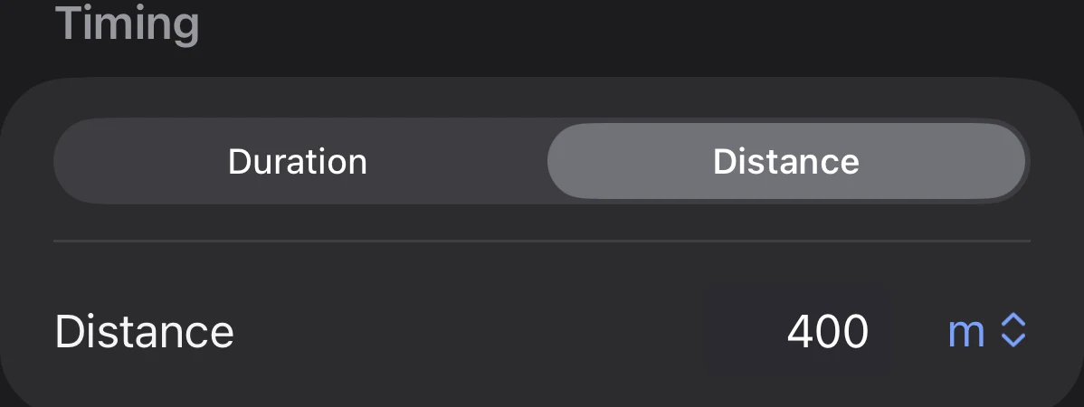 The Timing section of a segment in Parameter's interval builder, with a Duration and Distance selector set to Distance, and a Distance row reading 400 with a unit of m.