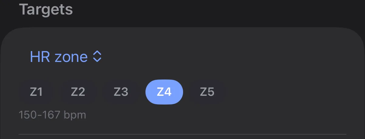 The Targets section of a segment with the metric set to HR zone, showing chips Z1 to Z5 with Z4 selected and the range 150 to 167 bpm underneath.