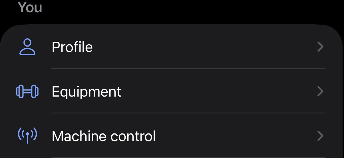 The You section of Parameter's Settings screen, listing Profile, Equipment, and Machine control, each row opening its own screen.