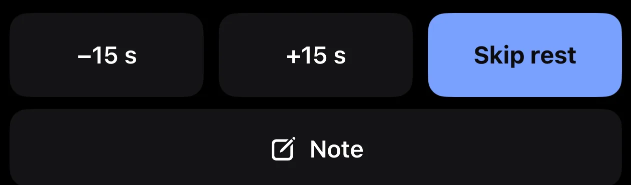 The rest controls in Parameter, three buttons reading minus 15 s, plus 15 s and Skip rest, with a Note button beneath them.