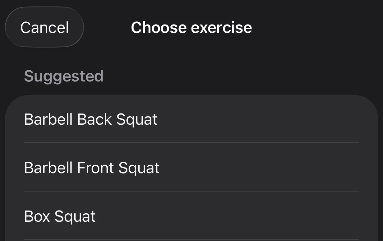 Parameter's Choose exercise sheet, with a Suggested list offering Barbell Back Squat, Barbell Front Squat and Box Squat as substitutes.