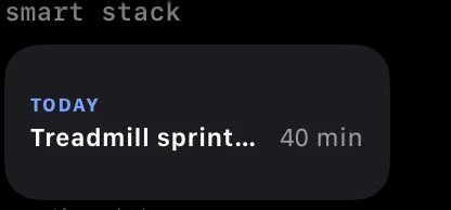 Parameter's Smart Stack widget on Apple Watch, headed TODAY, listing a treadmill sprint workout of 40 minutes.