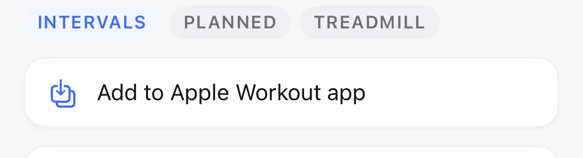 The Add to Apple Workout app button on a workout's detail screen, below badges reading Intervals, Planned and Treadmill.