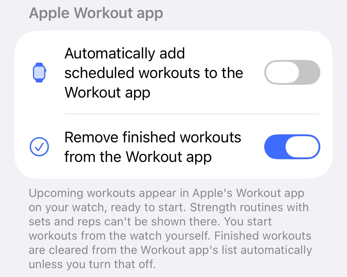 The Apple Workout app section of Parameter's Settings with two toggles: Automatically add scheduled workouts to the Workout app, off, and Remove finished workouts from the Workout app, on.