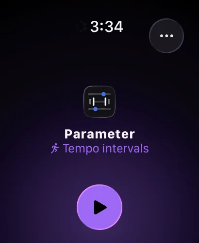 Apple's Workout app on Apple Watch suggesting a Parameter workout named Tempo intervals, with the Parameter icon above it and a large start button below.