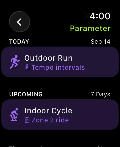 The Workout app's Parameter list on Apple Watch, headed Today Sep 14 with an outdoor run named Tempo intervals, and Upcoming 7 days with an indoor cycle named Zone 2 ride.