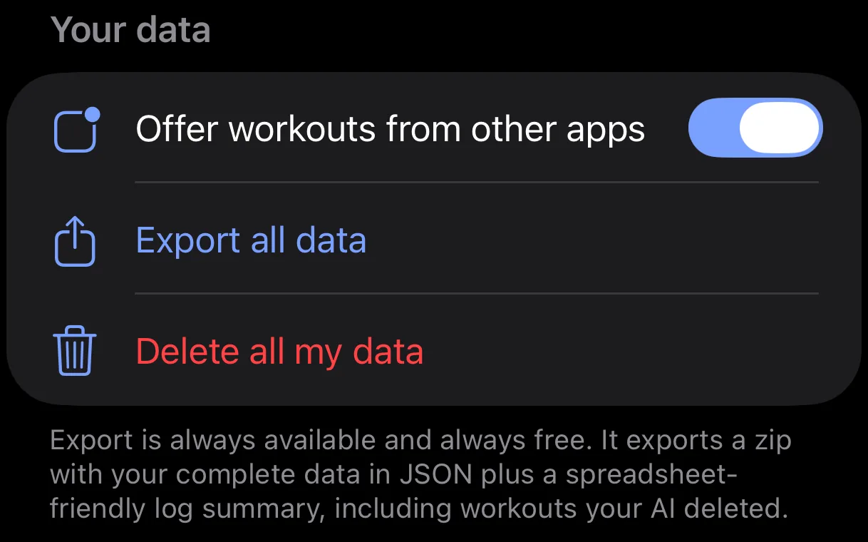 The Your data section of Parameter's Settings, with an Export all data button above a red Delete all my data button, and a footer saying export is always available and always free.