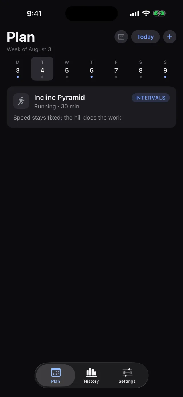 The Plan tab showing a week of scheduled workouts, one card per day